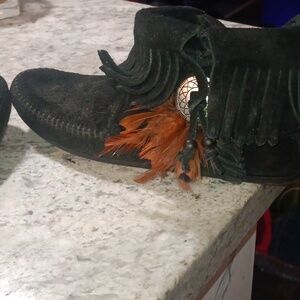 Black Suede Fringe Moccasins with Silver Accent